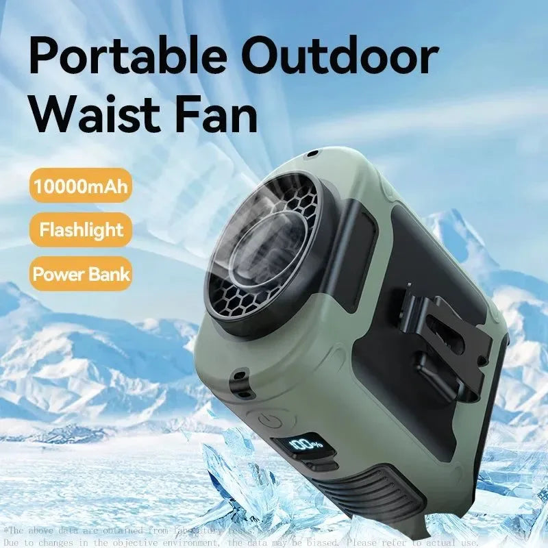 10000mAh Portable Outdoor Waist Fan – Hanging Neck & Strong Wind with Power Bank & LED Lighting | Bowlift