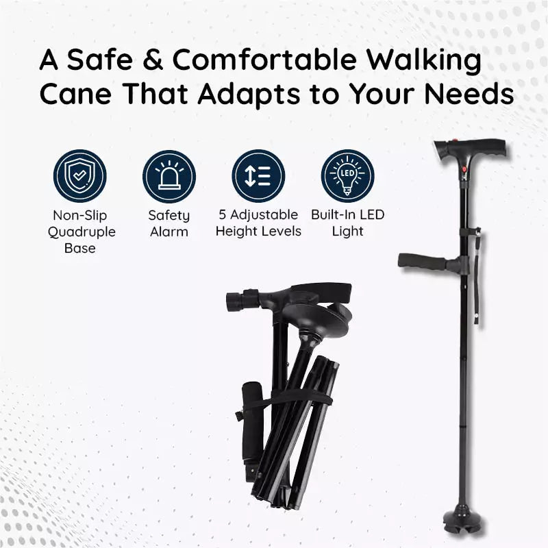 Unisex Foldable Walking Cane with LED Light & Non-Slip Base