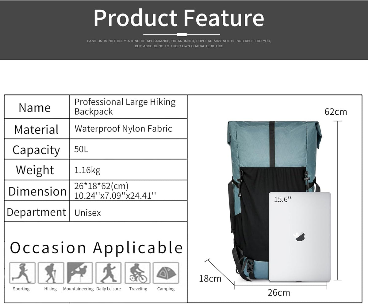Adventure Gear | 50L Hiking Backpack with Internal Frame &amp; Lightweight Design | Durable Travel Bag for Mountain Climbing and Camping
