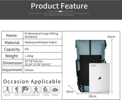Adventure Gear | 50L Hiking Backpack with Internal Frame &amp; Lightweight Design | Durable Travel Bag for Mountain Climbing and Camping