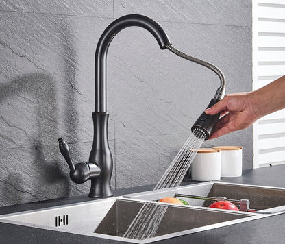Retractable kitchen faucet in gold, black and silver