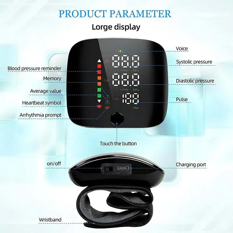 Smart Wrist Blood Pressure Monitor with Voice Alerts &amp; LCD Screen | Portable Health Tracker for Accurate Readings