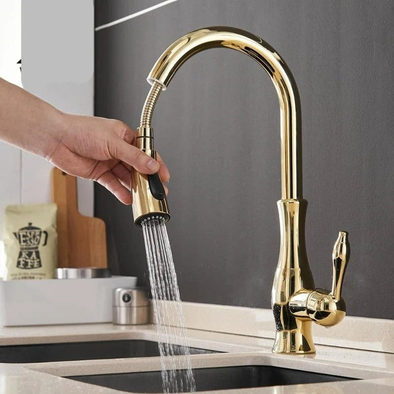 Retractable kitchen faucet in gold, black and silver