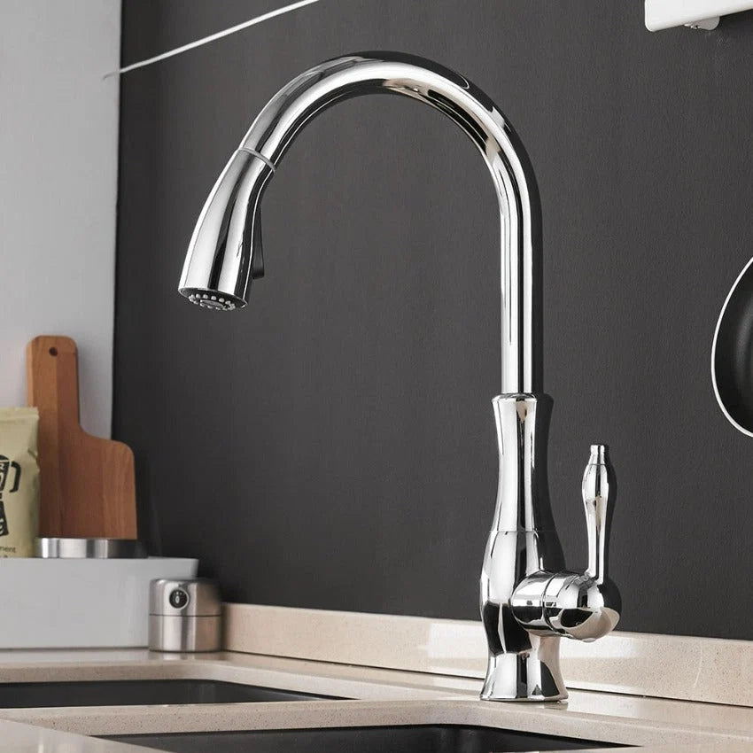 Retractable kitchen faucet in gold, black and silver