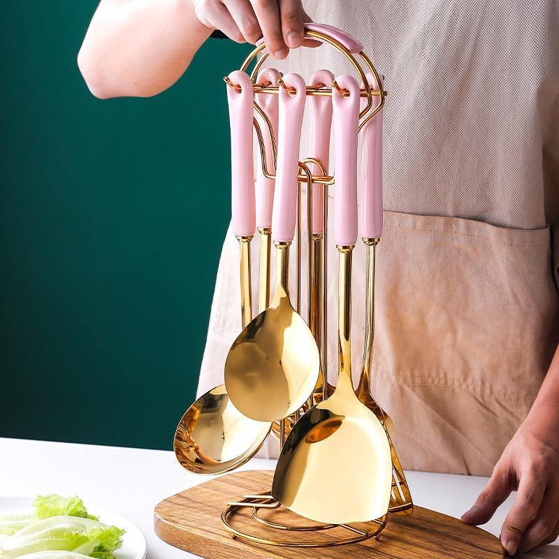 Golden Kitchen Utensils with Stand