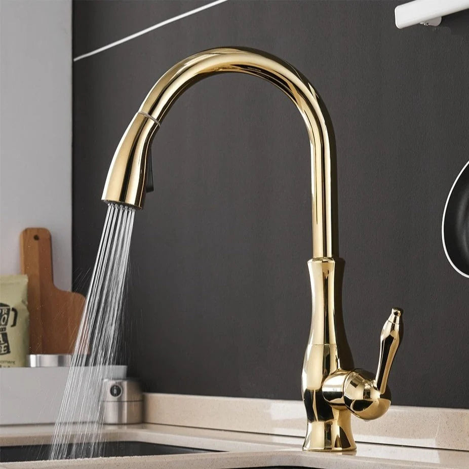 Retractable kitchen faucet in gold, black and silver