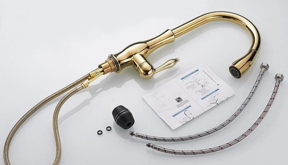 Retractable kitchen faucet in gold, black and silver