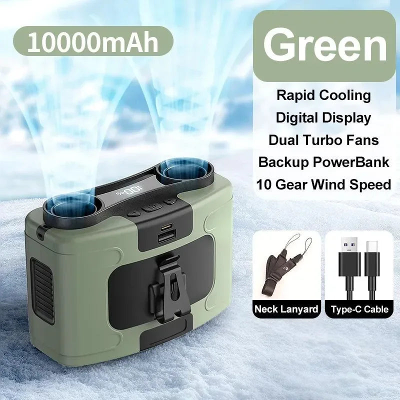 10000mAh Portable Outdoor Waist Fan – Hanging Neck &amp; Strong Wind with Power Bank &amp; LED Lighting | Bowlift