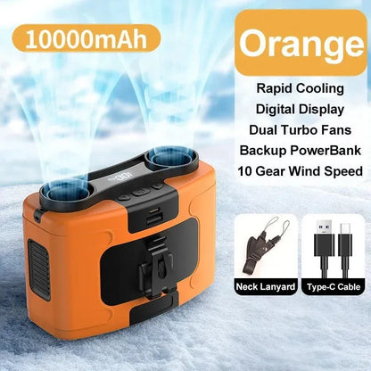 10000mAh Portable Outdoor Waist Fan – Hanging Neck &amp; Strong Wind with Power Bank &amp; LED Lighting | Bowlift