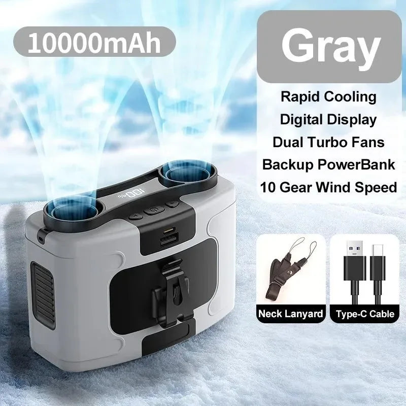 10000mAh Portable Outdoor Waist Fan – Hanging Neck &amp; Strong Wind with Power Bank &amp; LED Lighting | Bowlift