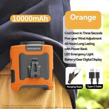 10000mAh Portable Outdoor Waist Fan – Hanging Neck &amp; Strong Wind with Power Bank &amp; LED Lighting | Bowlift