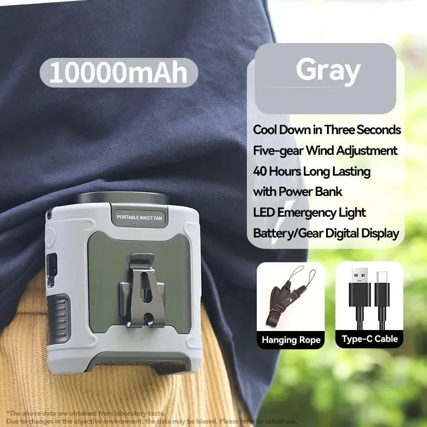 10000mAh Portable Outdoor Waist Fan – Hanging Neck &amp; Strong Wind with Power Bank &amp; LED Lighting | Bowlift