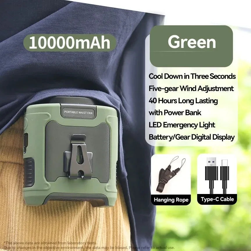 10000mAh Portable Outdoor Waist Fan – Hanging Neck &amp; Strong Wind with Power Bank &amp; LED Lighting | Bowlift