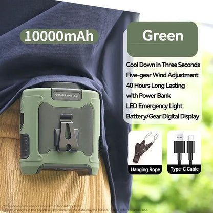10000mAh Portable Outdoor Waist Fan – Hanging Neck &amp; Strong Wind with Power Bank &amp; LED Lighting | Bowlift