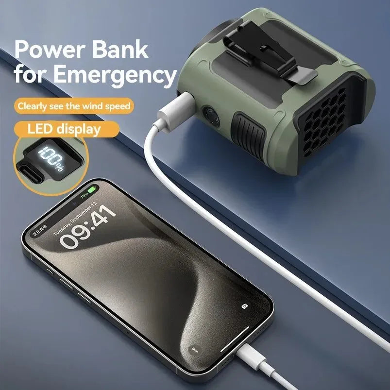 10000mAh Portable Outdoor Waist Fan – Hanging Neck &amp; Strong Wind with Power Bank &amp; LED Lighting | Bowlift