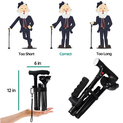 Unisex Foldable Walking Cane with LED Light &amp; Non-Slip Base