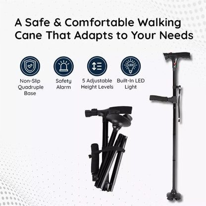 Unisex Foldable Walking Cane with LED Light &amp; Non-Slip Base