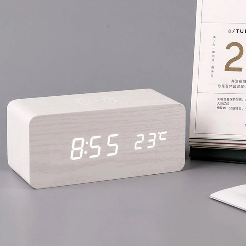 Wooden alarm clock with wireless charging pad