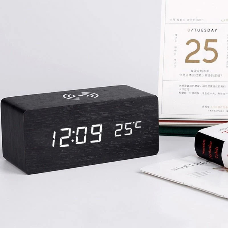 Wooden alarm clock with wireless charging pad