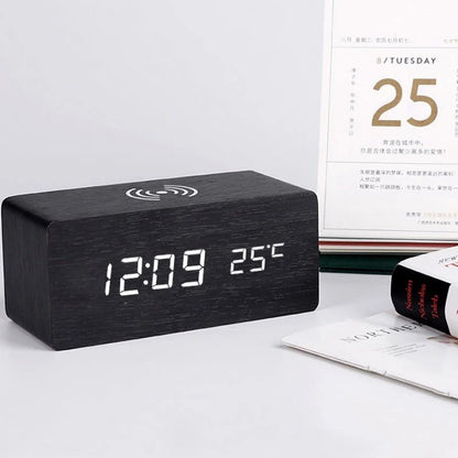 Wooden alarm clock with wireless charging pad