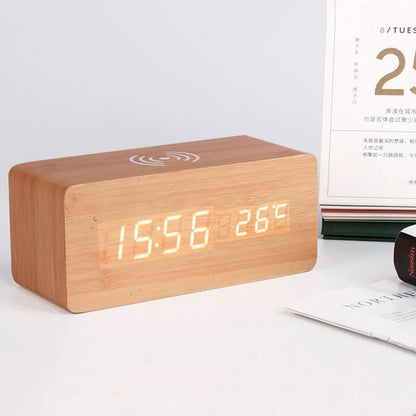 Wooden alarm clock with wireless charging pad