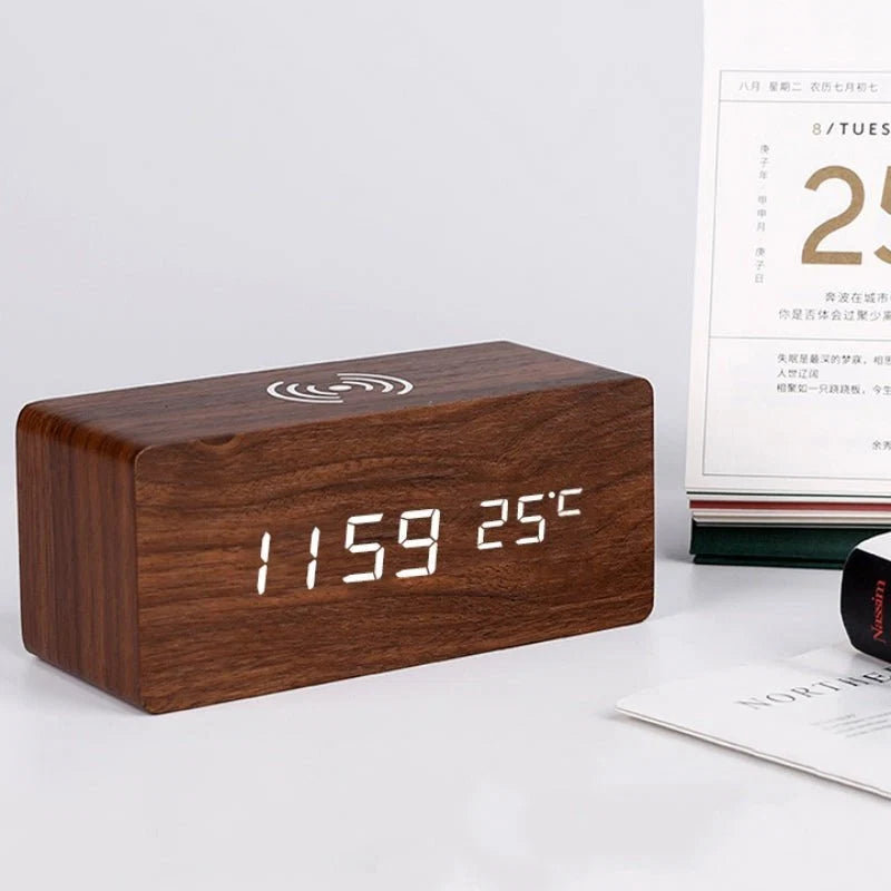 Wooden alarm clock with wireless charging pad